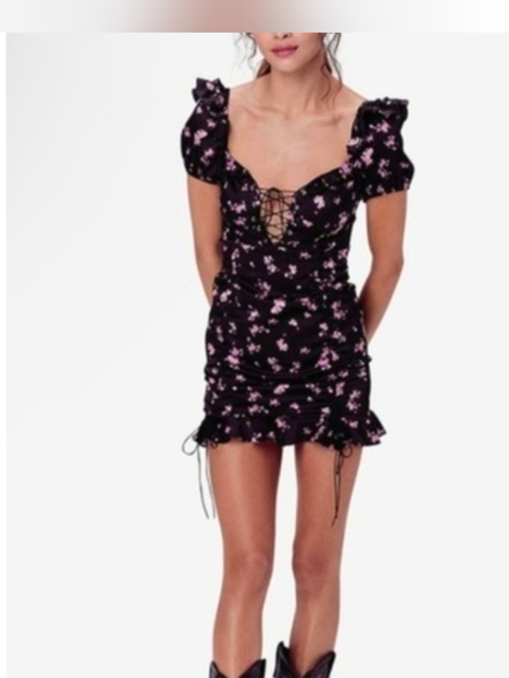 For Love And Lemon Satin Black Floral Ruffle Mini Dress